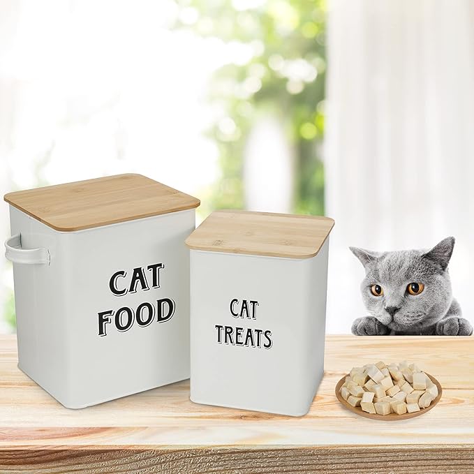 Cat Food Storage Container Farmhouse Pet Food Treats Bin with Lid and Scoop, Perfect Sturdy Canister Tins for Kitchen Countertop, Shelf, Great Gift for Pet Owners - Cat Food