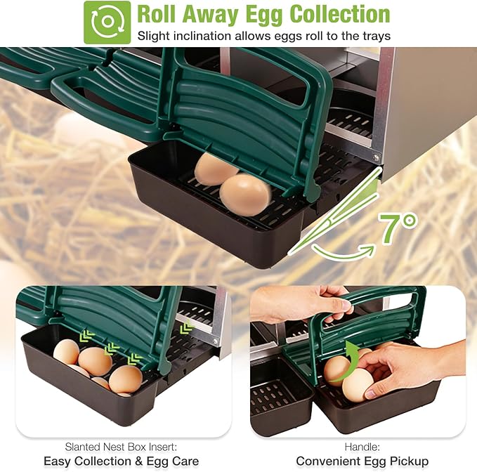 GUTINNEEN Chicken Nesting Box, 3 Compartment Metal Nesting Boxes with Roll-Away Egg System for Hens, Ducks & Rabbits, Technical Design for Efficient Egg Collection, Green