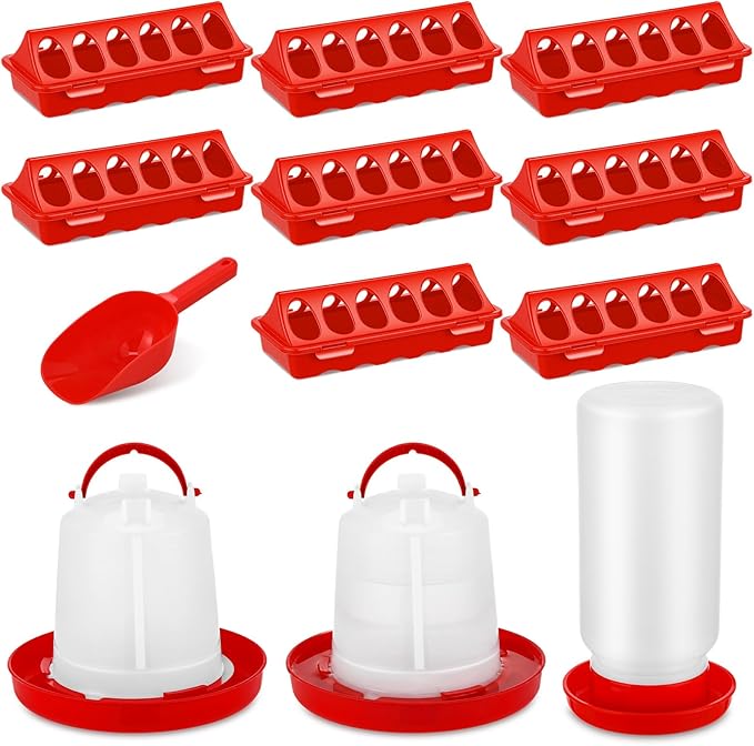 12 Pcs Chick Waterer and Feeder Kit 12-Hole Flip-top Chicken Feeders 1 L Chicken Water Dispenser 1.5 L Hanging Waterer & Feed Scoop Chick Starter Kit for Poultry Brooder