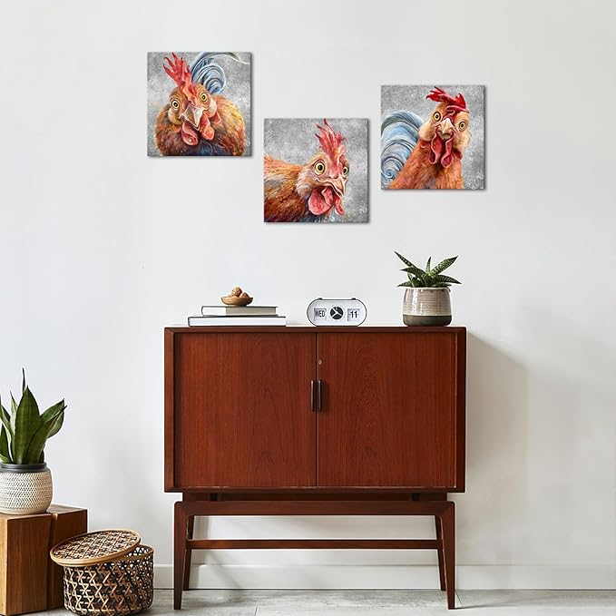 Apicoture Chicken Wall Art Farm Animal Chicken Pictures Kitchen Wall Decor Rooster Wall Art Canvas Prints Framed For Kitchen Dinning Room Living Room Decorations 12"x12"x3 Panels (Gray)