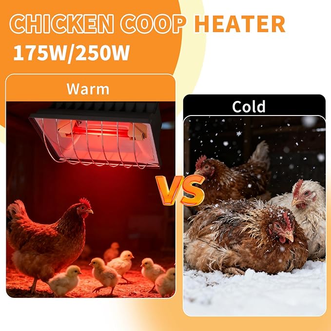 Chicken Coop Heating Lamp 2pack, 250W Brooder Heater with Guard,Waterproof Ceramic Joint Heat Lamp Bulb,Adjustable Temperature(175W/250W) and Height,Suitable for Poultry, Livestock & Small Pets