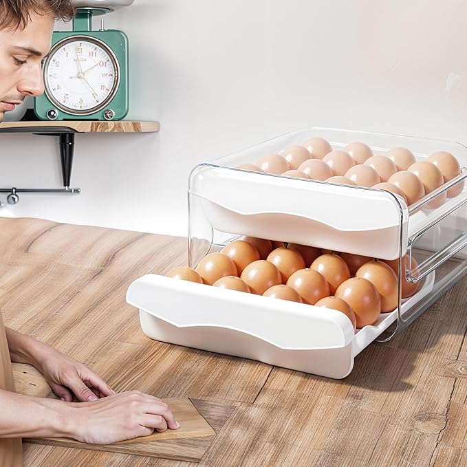 Clear 32 Egg Holder for Fridge, Egg Storage for Refrigerator, Egg Container for Refrigerator, Household Egg Holder for Fridge, Stackable Egg Container and Egg Dispenser for Refrigerator with Drawers