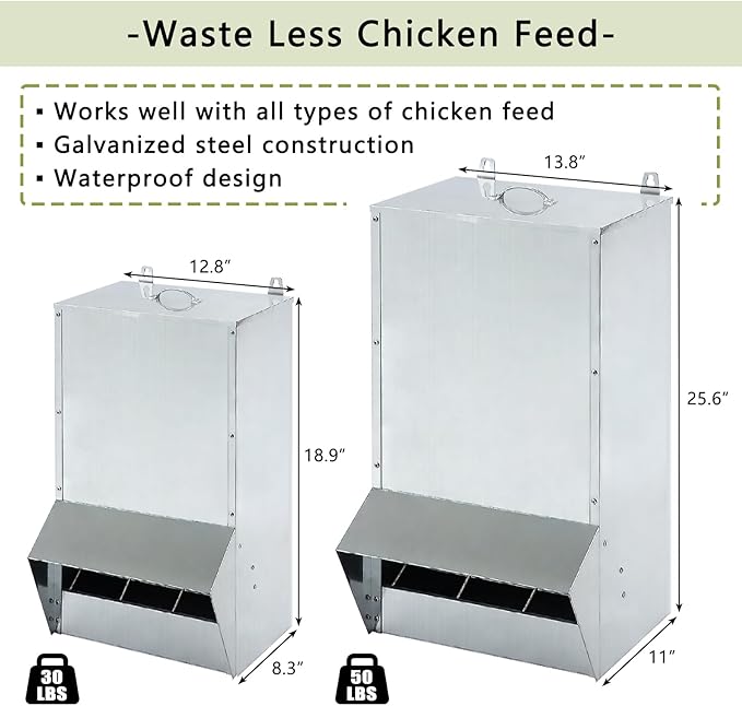 30lbs Capacity Galvanized Chicken Feeder,Outdoor Poultry Feeder with Weatherproof Lid,Hanging Chicken Feeder, Coop Food Dispenser
