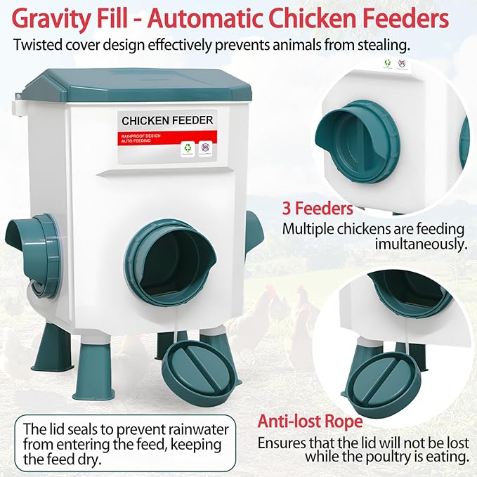 Chicken Feeder and Waterer Set, Chicken Coop Accessories with Hanging Chickens Poultry Feeder and Chicken Waterer Kit No Waste, 3 Gallon/26 Pounds, Blue