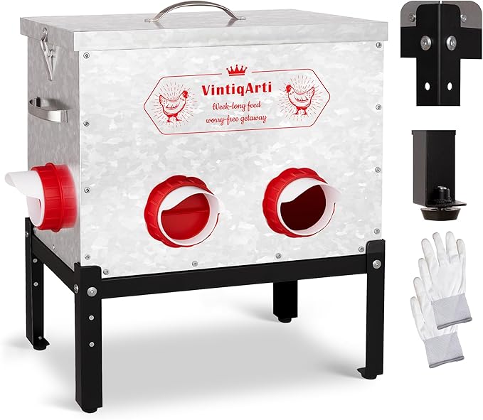 40Lb Automatic Chicken Feeder - No Waste Metal Chicken Feeders 6 Port Metal Silo with Locking Lid, Rat & Rodent Proof Weatherproof Design, Adjustable Legs for Poultry Outdoor Coop & Backyard Chickens