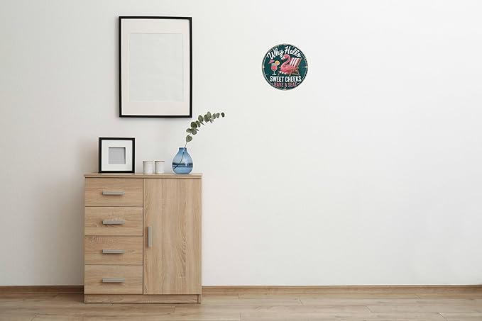 Sweet Cheeks Welcome Metal Sign 8x8in Round Southern Plaque for Porch Wall Decor Hospitality Gift