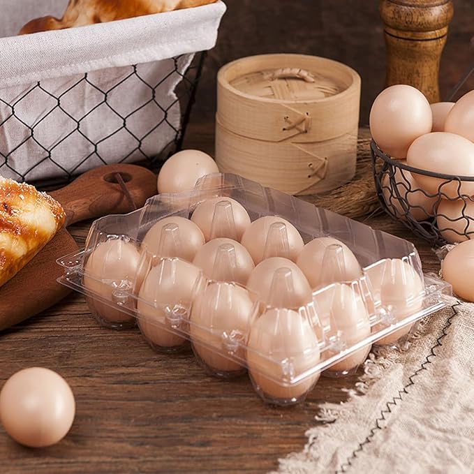 Egg Cartons 50 Packs, Bulk Plastic Clear Empty Egg Cartons-4x3 Grids, Holds up to 12 Eggs for Home Ranch Chicken Farm, Commercial Business Market Display