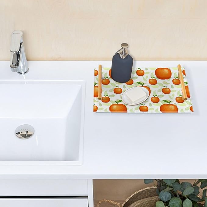 Bathroom Vanity Tray Counter Organizer, Orange Pattern Decorative Tray with Handles Countertop Storage for Bathroom Bedroom Kitchen Home Farmhouse