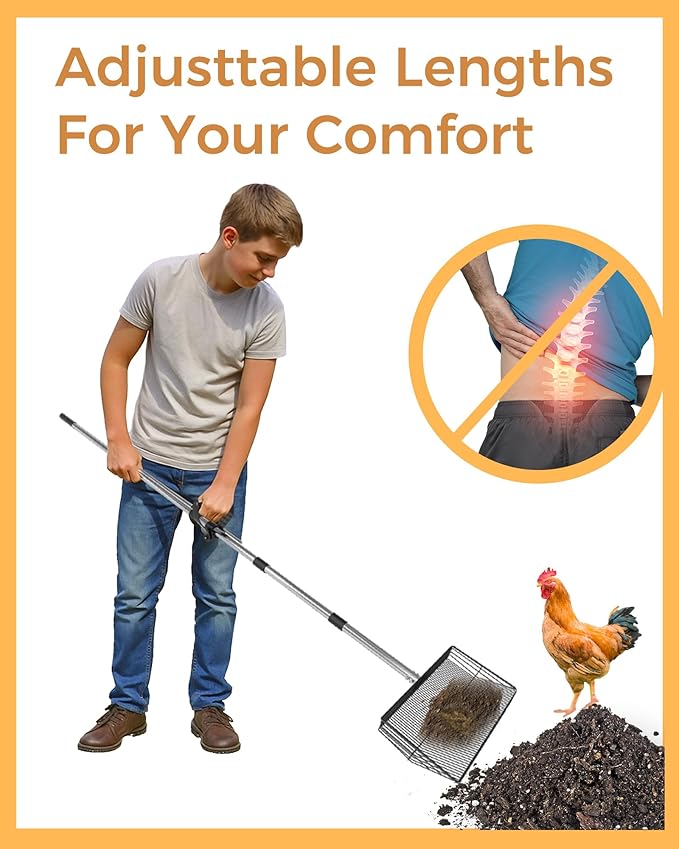 15-inch Large Chicken Poop Scooper, Heavy Duty Adjustable Chicken Coop Scoop for Sand with Ergonomic Grip,Metal Chicken Coop Scoop with 24 to 68"