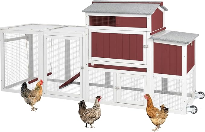 Chicken Coop Mobile Wooden Hen House with Nesting Box,83.2" L Outdoor Chicken House with 2 Wheels and Removable Tray,Fir Wood Chicken Tractor with 6 Ventilation Door and 1 Ramp,Red