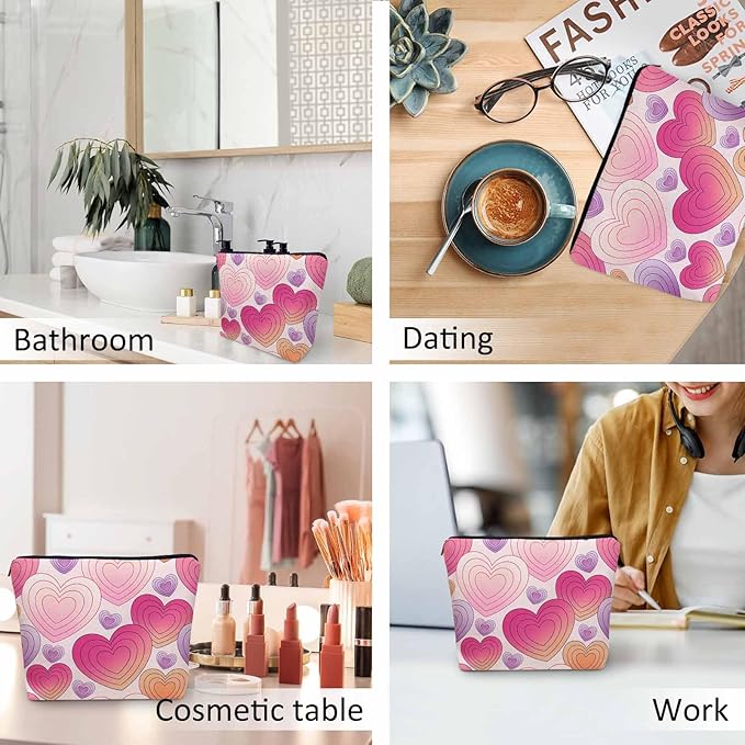 Hearts Cosmetic Travel Bag For Toiletries, Hippie Love Heart Pink Makeup Bag Toiletry Bags For Women, Flax Cosmetic Bags Make Up Bag Purse Toiletries Bag Birthday Gift