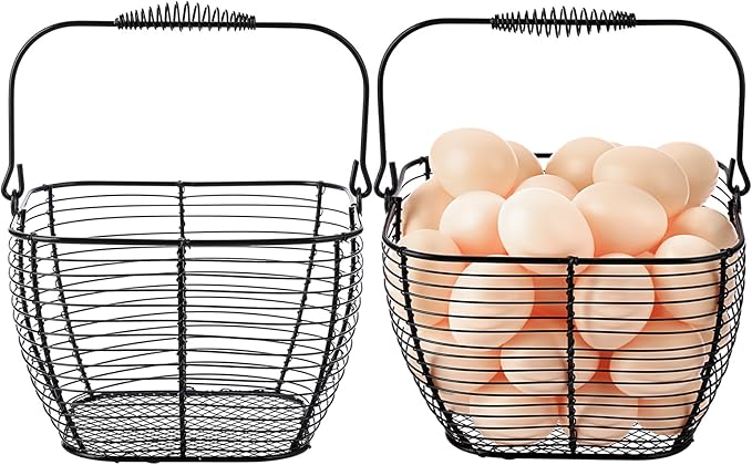 2 PCS 7" Black Square Wire Egg Baskets for Fresh Egg With Handle, Small Metal Collecting Basket for Gathering Fresh Eggs, Chicken and Duck Eggs Hunting Basket Egg Holder Countertop