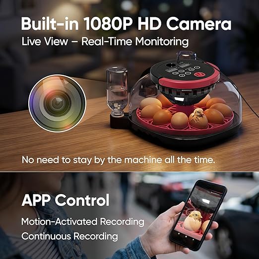 LARKBIRD Incubators for Hatching Eggs - 12 Egg Incubator with Automatic Egg Turning and Humidity Control, 1080P HD Camera & APP Controlled, for Chickens/Duck/Quail/Pigeon Eggs