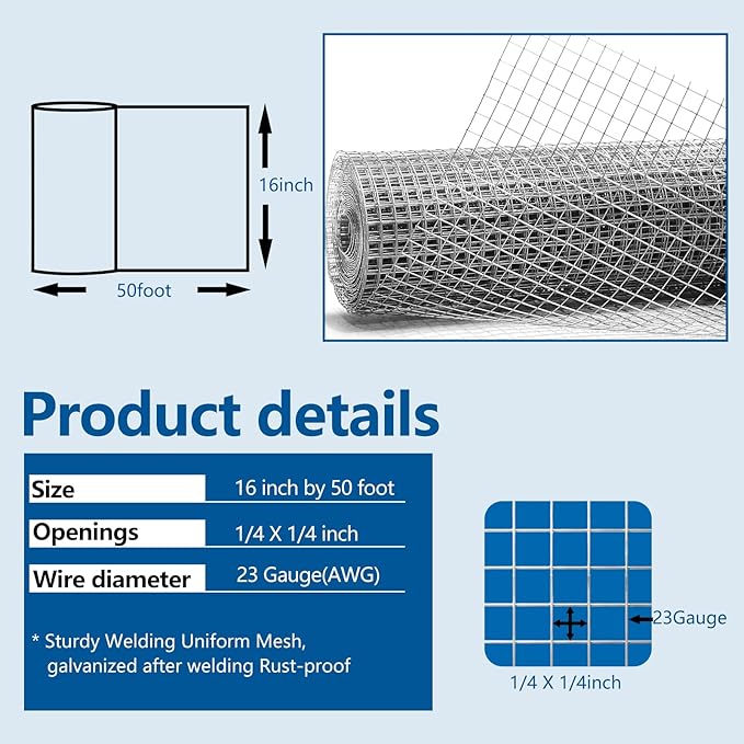 Hardware Cloth 1/4 inch Chicken Wire Fencing Double Hot-Dipped Galvanized After Welding Wire Fence，Duty Rust Proof Fencing for Gardens, Poultry Animal Netting Cage Screen (1/4inch 16in x 50ft)