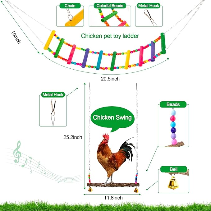 7 Pack Chicken Toys for Coop Accessories, Chicken Xylophone Toy, Chicken Mirror, Chicken Ladder Bridge, Coop Swing, Vegetable Hanging Chicken Feeder, Chewing Foraging Toys, Gifts for Hens