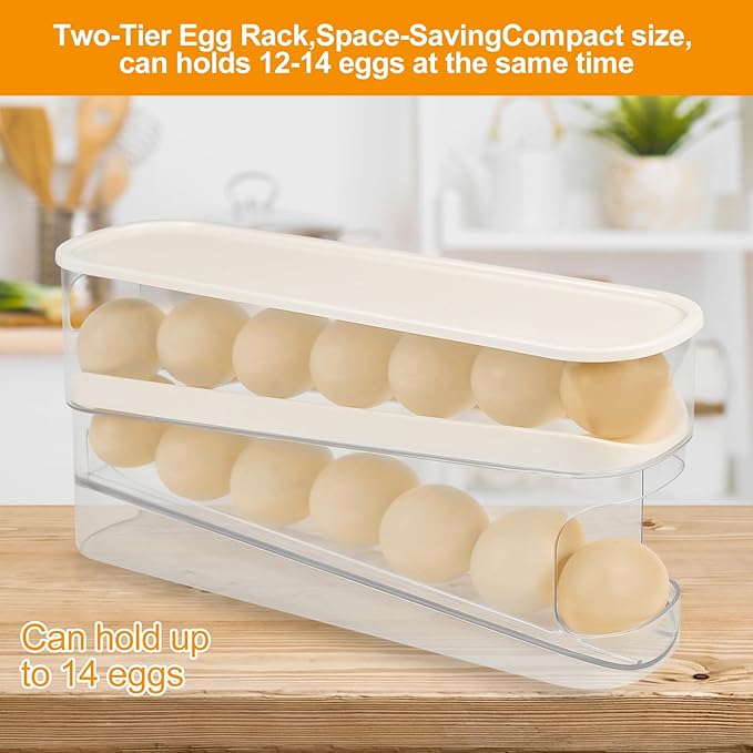 Automatic Roll Down Egg Dispenser for Refrigerator Organizer with Lid, 12-Count Double Layer Rolling Egg Holder for Fridge Storage (1PCS)