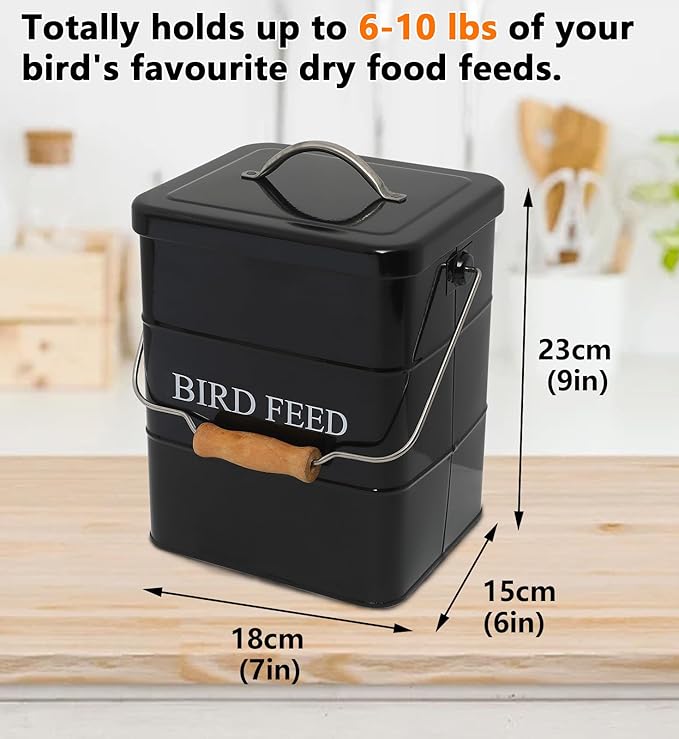 Morezi Bird seed and feed storage tin with lid Included - white-coated carbon steel - tight fitting lids - storage canister tins - Black