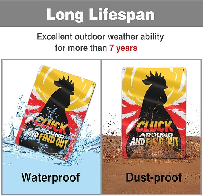 Funny Chicken Sign Cluck Around and Find Out Sign For Farmhouse Decor Chicken Coop Accessories 8x12 in (red-yellow-chicken)