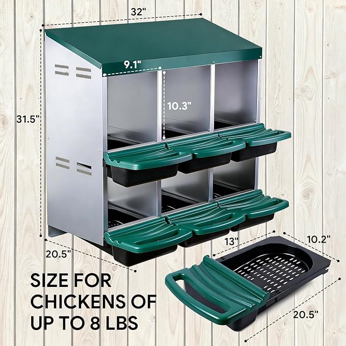 Chicken Nesting Boxes with 6 Cozy and Roll-Away Design - Chicken coop Nesting Boxes,Private Laying Spot & Enables Effortless Egg Collection (Green)
