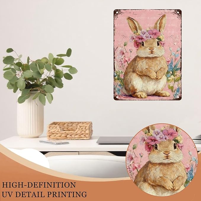 Cute Bunny Metal Sign Vintage Easter Design Rustic Farmhouse Decor Suitable For Home Garden Bar Cafe Outdoor Indoor Wall Display 12X16Inch