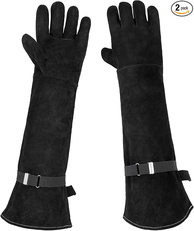 Animal Handling Gloves Bite Proof, Thickened Leather Cat Gloves for Scratching, Falconry, Welding, 23.6 inch Black