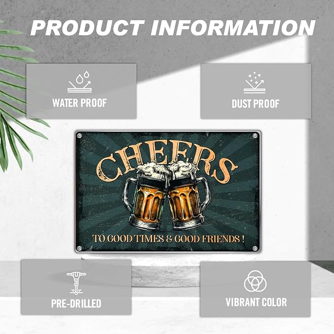 Vintage Bar Decor Pub Cheers Metal Sign 12 x 8 Inch Wall Decoration For Man Cave Home Beer Lovers To Good Times And Friends Plaque Art Aluminum Outdoor Kitchen Indoor