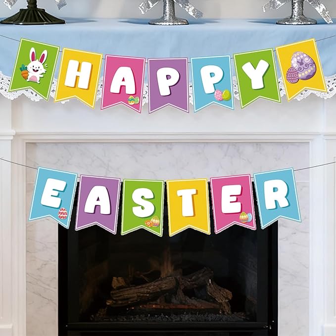 Happy Easter Banner for Easter Party Decorations Indoor Outdoor Egg Bunny Hanging Decor