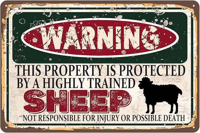 Vintage Sheep Metal Sign， Warning this property is protected bY a highly trained Sheep Sign Funny Tin Signs 12x8 Inch