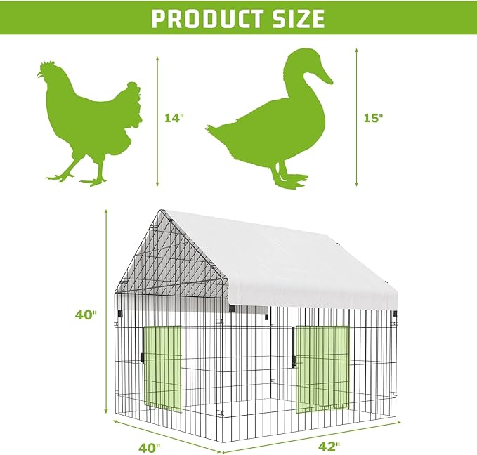 Metal Chicken Coop 42"×40"×40" Chicken Run with Waterproof Cover Portable Poultry Cage Walk in Hen House Outdoor Backyard Farm Animal Enclosure Crate Pet Playpen Exercise Pen for Rabbit Duck