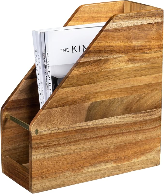 MyGift Premium Hotel Series Solid Acacia Wood Desktop Magazine File Holder Bin with Brass Tone Metal Accent, Vertical Office Desk Document Folder Binder Storage Organizer Rack