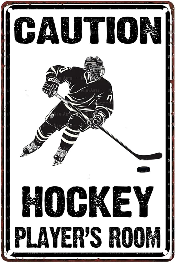 Hockey Metal Tin Sign Caution Hockey Player's Room Vintage Sign for Man Cave Decor Sports Wall Decor Hockey Party Decorations Hockey Fans Sign Front Door Sign 8X12Inch