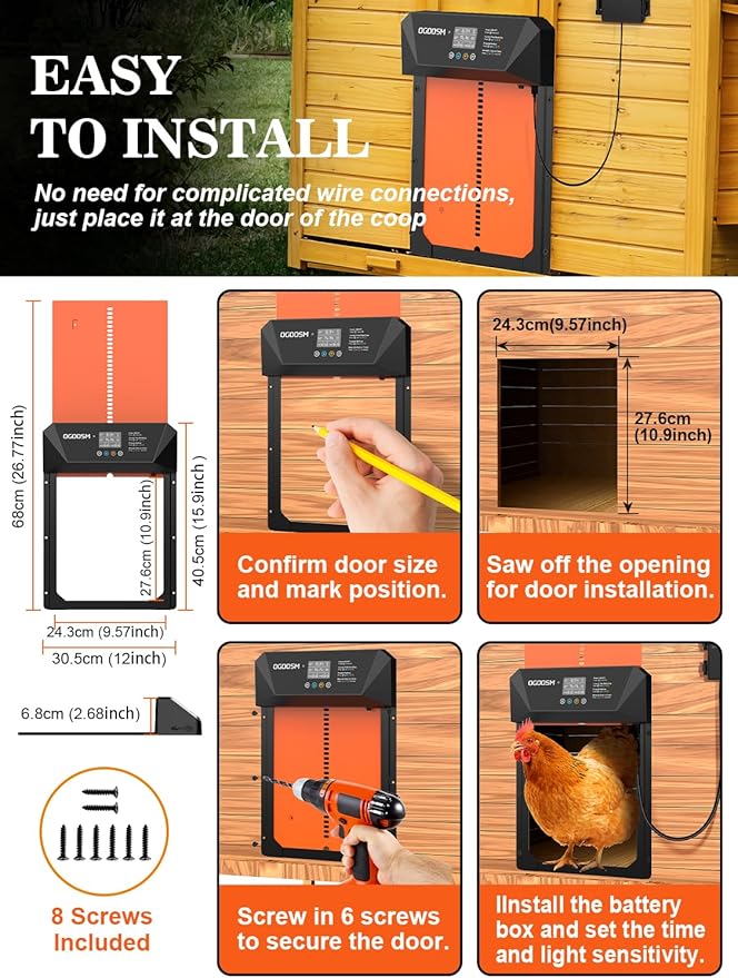Automatic Chicken Coop Door, Aluminum Automatic Chicken Door with Anti-Pinch Feature, Timer and LCD Display (New-Orange)