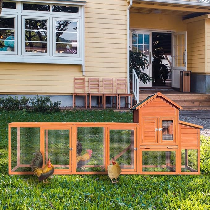 Large Wooden Chicken Coop, 122-Inch Outdoor Hen House with Nesting Box and Wire Fence Poultry Cage for Hens and Poultry