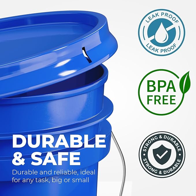 EconoHome 5-Gallon Blue Bucket Pail Container with Lid | Metal Handles with Plastic Grip for Easy Carrying | Easy Stack and Store | Heavy-Duty Extra Durable | Food Grade | BPA Free - 3 Pack