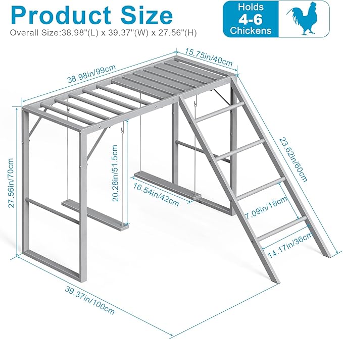 Chicken Perch with Swing Set, Roosting Bars for Chickens in Coop for Pet Chickens' Health and Happiness, Metal Chicken Toys Accessories for Backyard Farms, Light Gray
