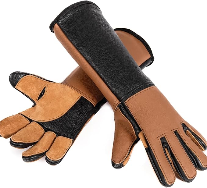 Animal Handling Gloves,%100 Real Leather, Bite Proof, 3 Solid Layers, Handmade, Dog Bite and Cat Scratch, Bird Handling, Wiped Clean, Vet Approved, 18" Black and Tan