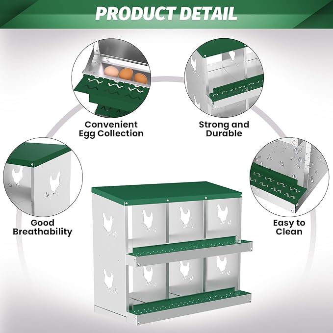 Chicken Nesting Boxes, 6-Compartment Metal Egg Laying Box with Swing Perch and Secure Lid – Versatile Wall Mount or Free Standing Suitable for Various Chicken Breeds - Green