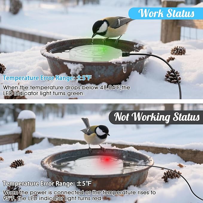 Bird Bath Heater, Upgraded 100W De-Icer Submersible Bird Bath Heaters for Outdoors in Winter, Chicken Water Heater for Winter, Thermostatic Control w/LED Indicator, 5.9 Ft Cord (White-1Pack)