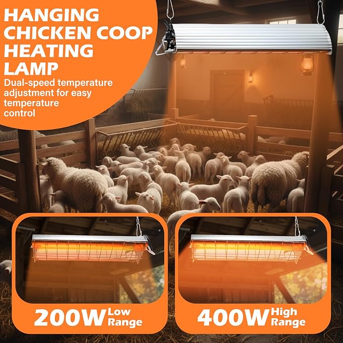 Large Chicken Coop Heater for Winter 16'' Width 400w Carbon Fiber Hanging Light Heated for Chicks, Brooder Heating Lamp, Adjust 2 Mode Temp and Hanging Height for Coop Dogs Pets Accessories