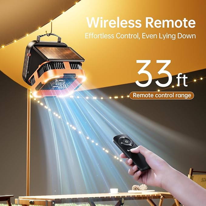 Solar Camping Fan with Light-10000mAh Rechargeable Portable, 6 Speeds, Digital Display, Timer, 120° Oscillation, Cordless Battery Powered Fan for Home Outdoor Tent Travel BBQ Fishing (Orange)