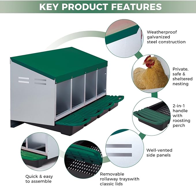 Garvee Chicken Nesting Boxes, 4 Hole Roll-Away Nesting Boxes for Chickens Coop with Perch, Hens, Ducks & Other Poultry,Egg Laying Box with Lid Cover to Protect Eggs,Easy to Assemble
