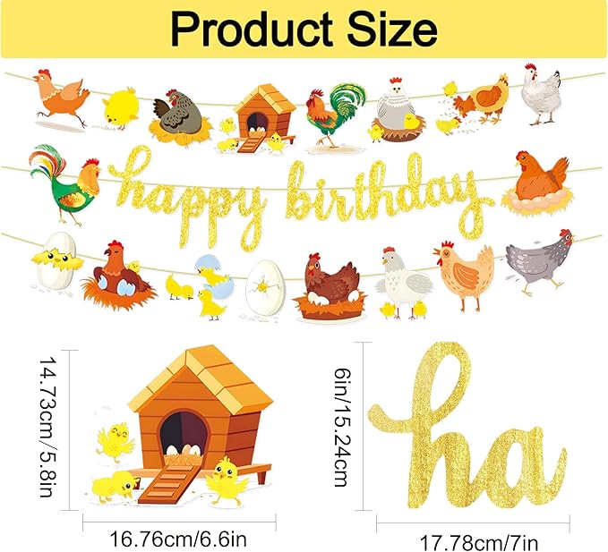 3pcs Chicken Birthday Decorations Gold Glitter Happy Birthday Banner and Chicken Paper Garlands for Spring Easter Hen & Chick Farm Theme Party Decor Supplies