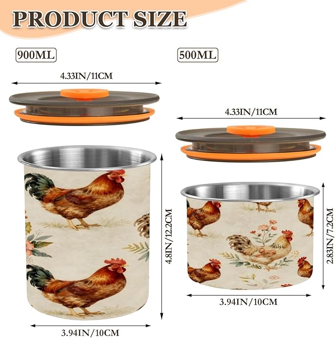 Farm Roosers Hens Coffee Canister 17oz Stainless Steel Airtight Food Storage Container with Lid for Beans/Cereal Preserval