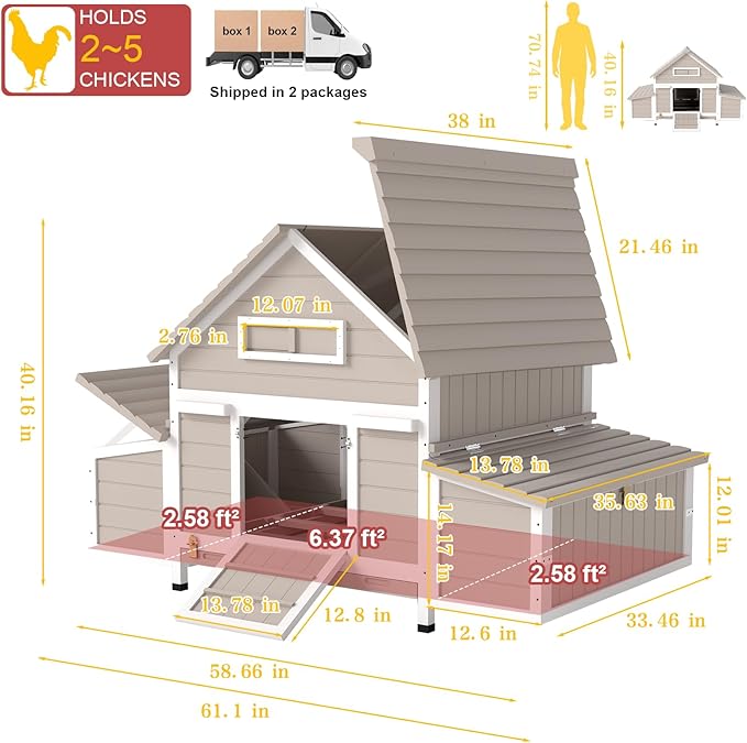Large Chicken Coop Outdoor, Expandable Hen House with 6 Nesting Boxes, Rabbit Hutch Bunny Cage Poultry for 2-5 Chickens with 3 Perches, Leakproof Pull-on Tray and Rampy(61" L x 33.5" W x 40.2" H)