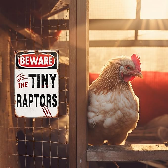 Beware of the Tiny Raptors Metal Tin Sign Funny Chicken Coop Sign Chicken Coop Accessories Outdoor Chicken Farmhouse Farm Sign Yard Decor Gifts 8x12 Inch