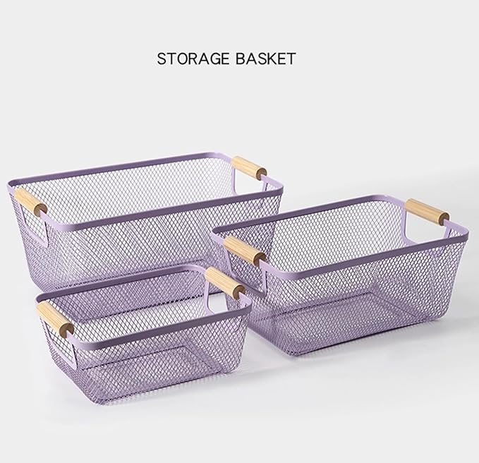 Metal Mesh Steel Basket, Medium Wire Storage Organizer Basket Multi-function Hanging Kitchen Basket with Wood Handle for Kitchen Bathroom Picnic Home, Rectangle-Purple
