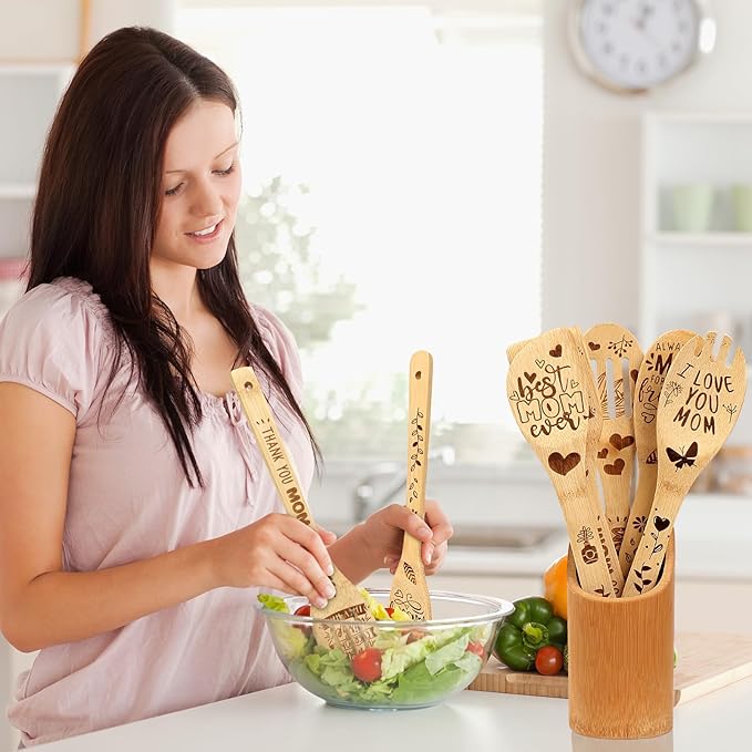 Wooden Birthday Gifts for Mom - Cooking Spoon,Mom Gifts from Daughters I Love You Mom,Engraved Bamboo Kitchen Cooking Utensils Set Gifts, Gift for Mom from Daughter, Son, Mothers Day for Mom