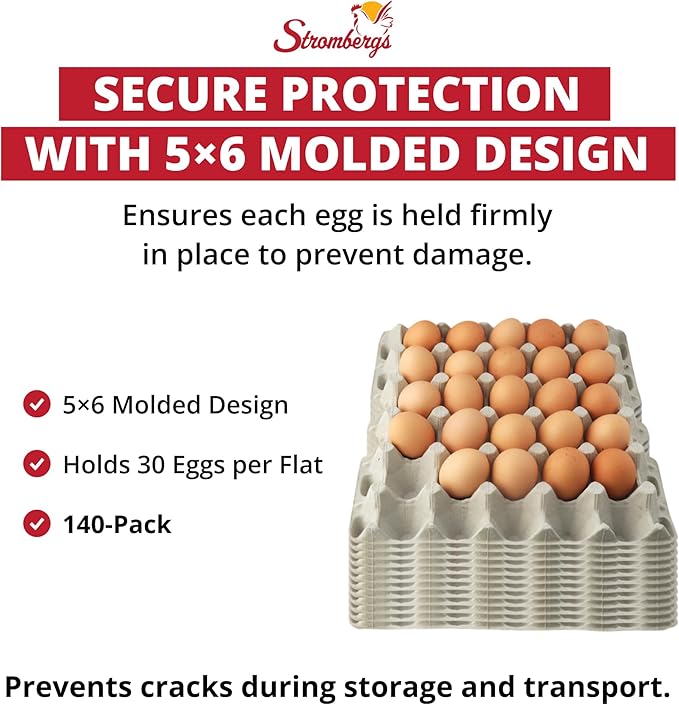 Stromberg's 30-Count Paper Egg Filler Flats, Biodegradable Bulk Egg Trays for Chickens and Ducks, Eco-Friendly Egg Flat for Safe Transport, Storage, and Sale, 140-Pack (Eggs Not Included)