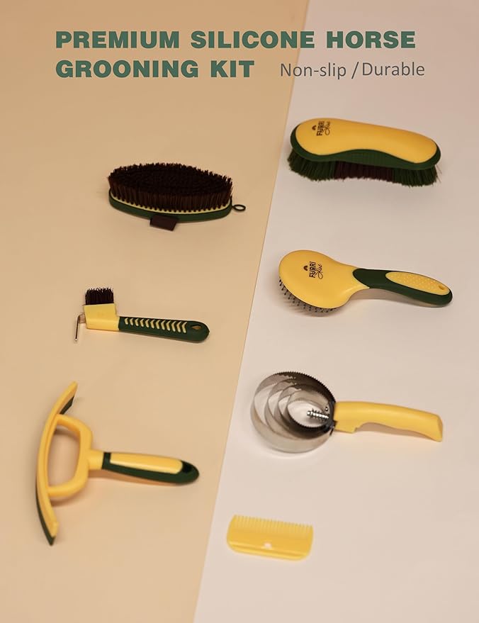 9-Piece Horse Grooming Brush Kit, Silicone Curry Comb & Grooming Brushes for Daily Care, Bathing & Shedding Pasture Glow