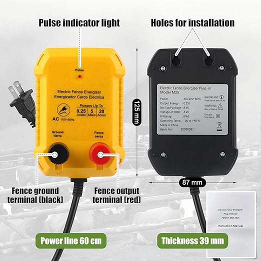 Electric Fence for Preventing Animals Intruding 2 Mile 110VAC 0.25 Joule Electric Plug in Fence, 50 Black Insulator and 1 Socket Tool 250ft Aluminum Wire for Animals and Keep Out Predators